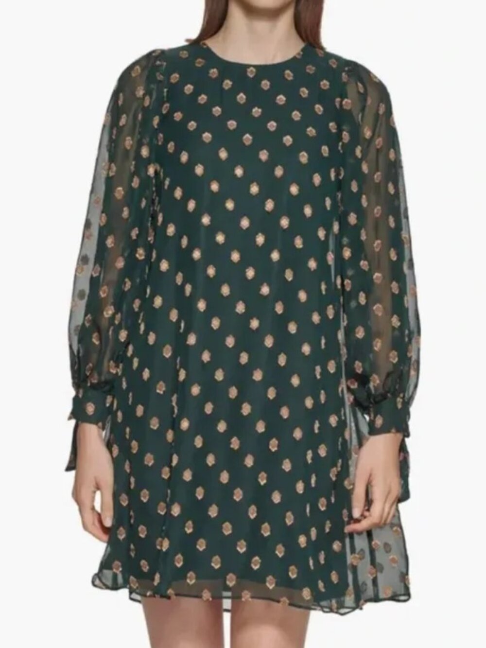 Calvin Klein Green and Gold Metallic Pattern Tie-Cuff Shift Dress Size 10